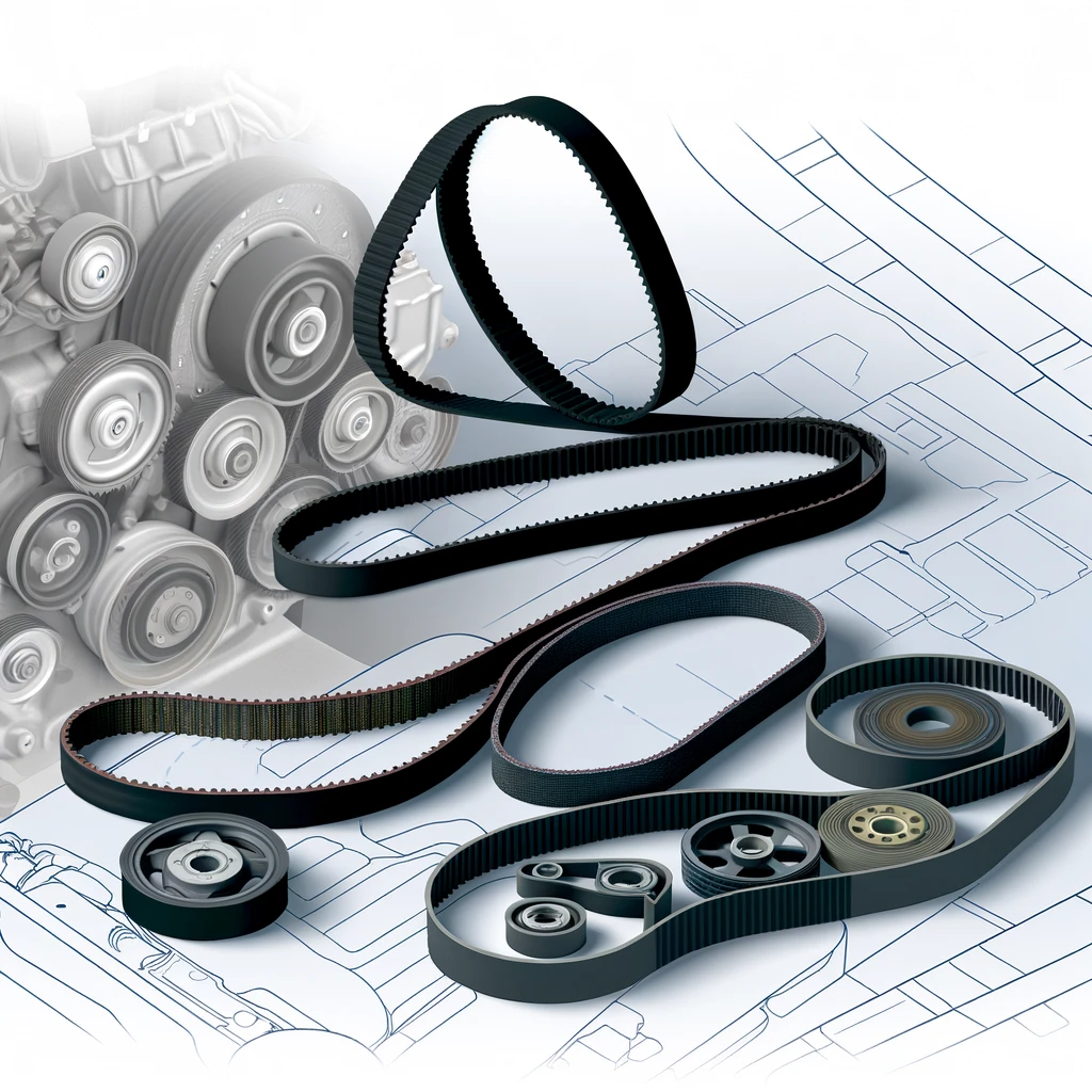 News DALL·E 2024 05 06 17.38.24 A detailed illustration of various automotive belts and their design components. The image features an assortment of belts such as timing belts serpe