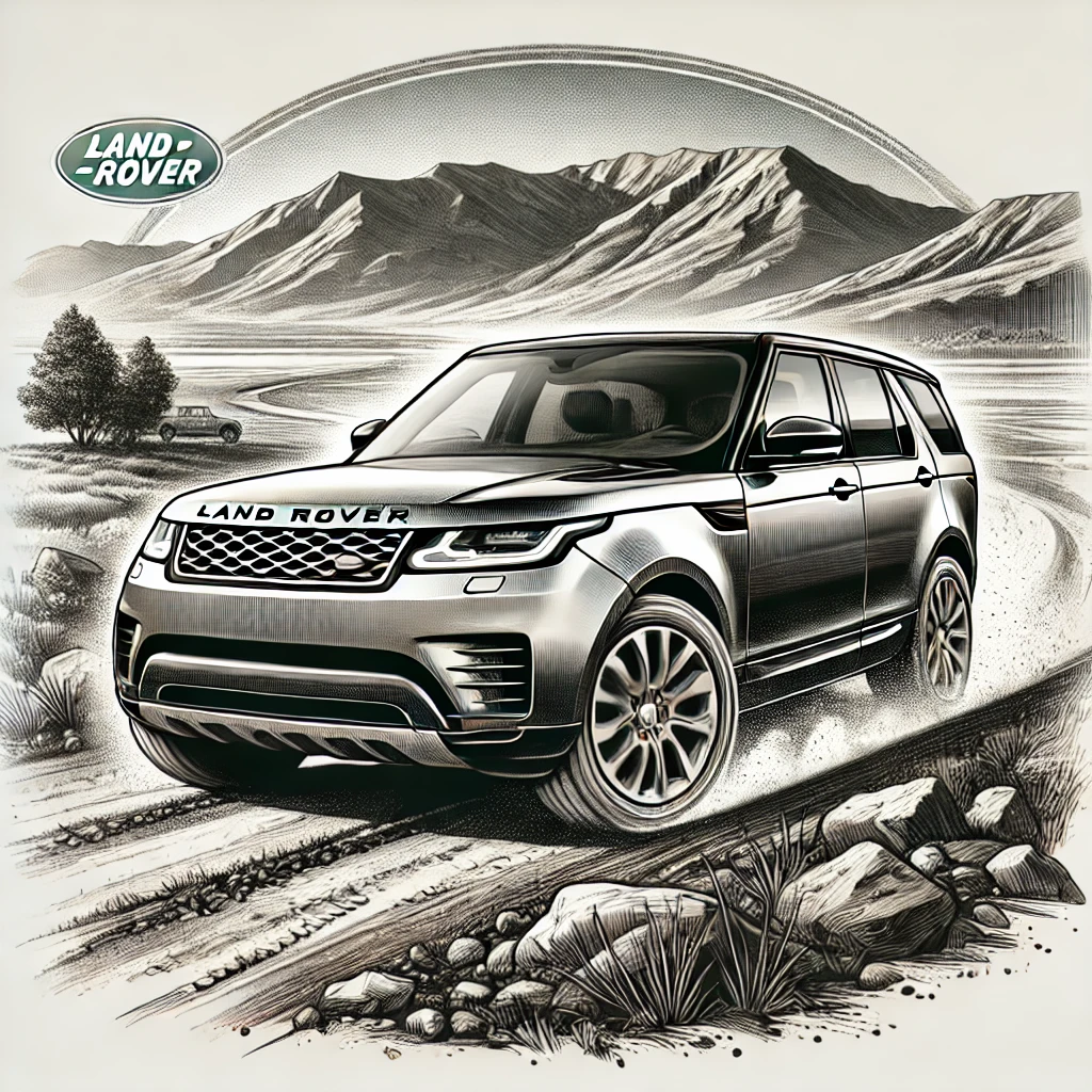 News DALL·E 2024 07 17 11.47.58 A detailed illustration of a Land Rover vehicle. The car is set against a rugged outdoor landscape with mountains in the background and a dirt road l