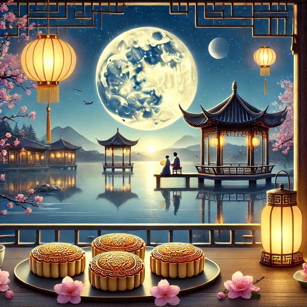 News DALL·E 2024 09 17 18.54.04 A traditional Chinese Mid Autumn Festival scene featuring a bright full moon shining over a peaceful landscape. In the foreground there are round moo 副本